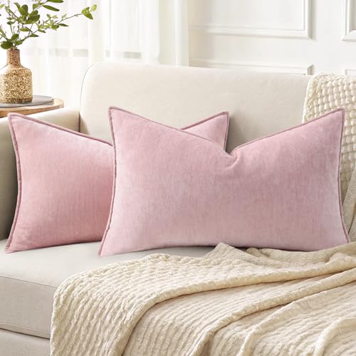 decorUhome Couch Throw Pillow Covers 12x20 Set of 2, Decorative Soft Euro Neutral Chenille Lumbar Pillow Covers with Elegant Design for Sofa Bed Living Room Home Decor, Blush Pink