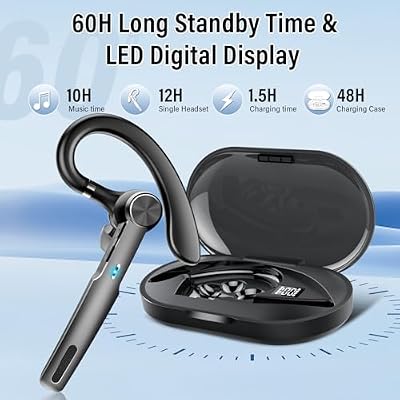 Bluetooth Headset, 2026 Wireless Bluetooth 5.3 Earpiece, 60Hrs Single-Ear Headset with Mute Button, Dual Noise Cancelling Mics, IP7 Waterproof Hands Free Headphone for Trucker, Business, Black