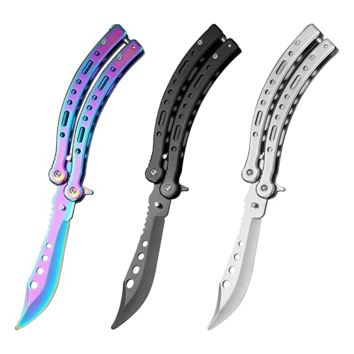 Sporgo 3 Stück Butterfly Messer: Biegen Butterfly Trainer Ungeschärfte Klinge Übungs Butterfly Kamm Edelstahl Butterfly Knife Trainer für Trainingsmesser Anfänger übt Flipping-Tricks