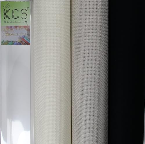 Image of KCS 3 pc of 15 inch x 18 inch(38cmx45cm) Counted Cross Stitch Cotton Aida Cloth Needlework Rolled Fabric Box,14CT,Antique White+Pearl Grey+Black