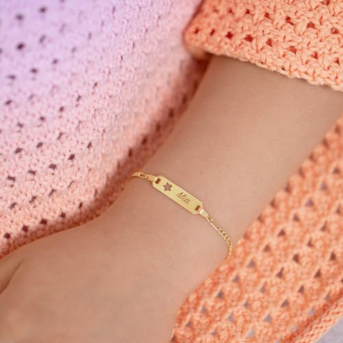 14k Yellow Gold Star 4.5"-5" Children's Star Cut Out Engravable Identification Bracelet - Little Girls and Boys Personalized Tag ID Bracelets - Star Cut Out Custom Bracelet For Kids3