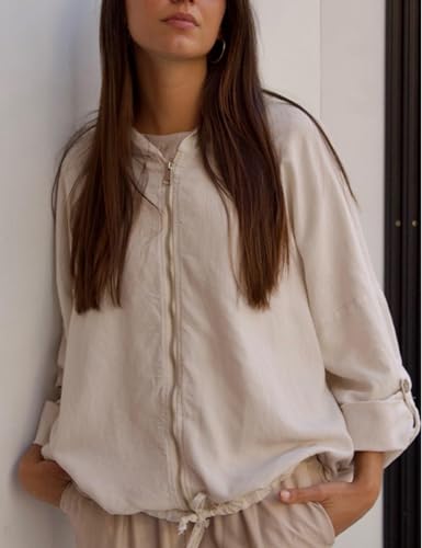 Fiona Jolin Women 2025 Fall Cotton Linen Hoodies Jackets Casual Zipper Elastic Hem Adjustable Sleeve Outwear with Pockets2