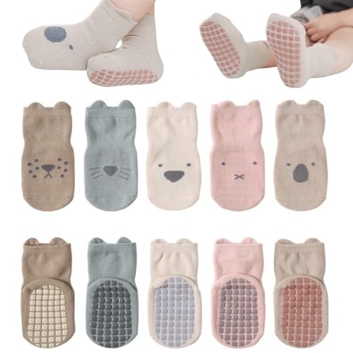 Fenglin-joy Calzini Antiscivolo,5 paia Calzini Antiscivolo in Cotone Cartone animato bambino pantofole calzini per bambini Toddlers e bambini (0-12 mesi)