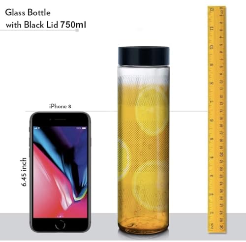 Image of Glass Bottles Wide Mouth Glass Water Bottle with Leak-Proof Airtight black plastic Lid for Water, With Black plastic long Cap - 750ml (pake of 1)