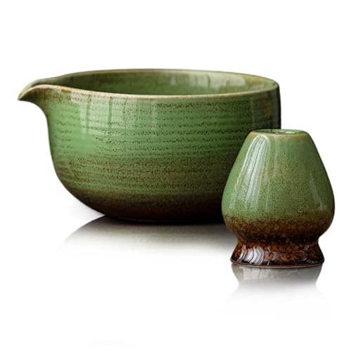 Mabecol Matcha Kit 2 Pièce, Bol Matcha Japonais 510ml avec Support Chasen, Bol en Céramique Émaillée à Bec Verseur et Support Fouet, Kit 2 Pièces Thé Vert Latte, Vert