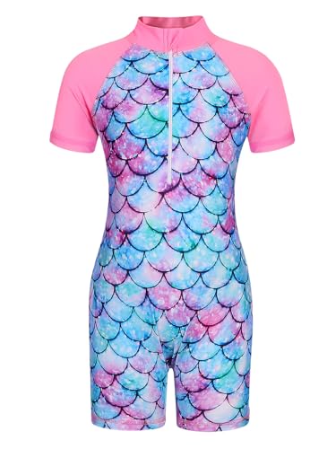 AmzBarley Girls Swimming Costume Kids One Piece Swimsuit Mermaid Swimwear Zipper Swimsuits Short Sleeve Surfing Rash Guard Pink Age 5-6 Years Size 120