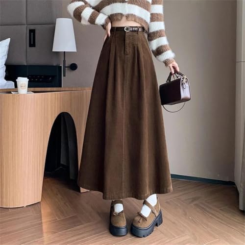 Womens Korean Style High Waist Pleated Skirts Corduroy Long Vintage Umbrella Skirt2