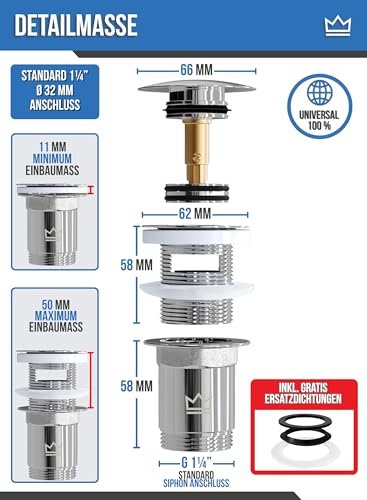 FEINER® Waschbecken Ablaufgarnitur mit Überlauf + Siphon Set Universal, Edelstahl Syphon Waschbecken, inkl. Gratis Dichtungen, Montage-Video