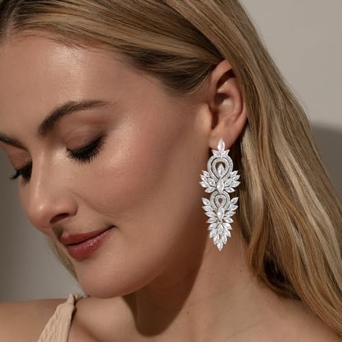 Sparkly Silver Chandelier Earrings for Women Dangling Cubic Zirconia Statement Earrings Formal Event4