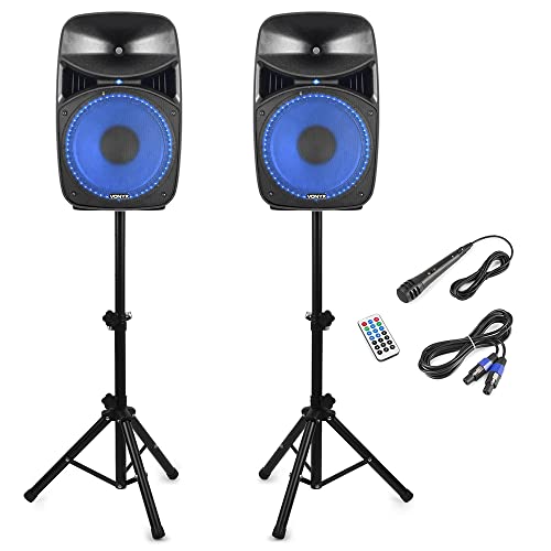 Vonyx VPS152A 15 Bluetooth Active Party Speakers with LED Light Show, Stands and Microphone - 1000W Home Audio System for Karaoke, DJ and Large Gatherings