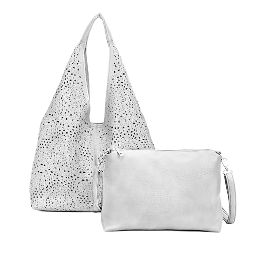 Set di Borsa da Donna in Pelle PU, Hobo Bag a Spalla Traforata, Tote a Sacca con Pochette a Tracolla Regolabile, Elegante Capiente per Uso Quotidiano, Lavoro, Shopping, Università (Argento)