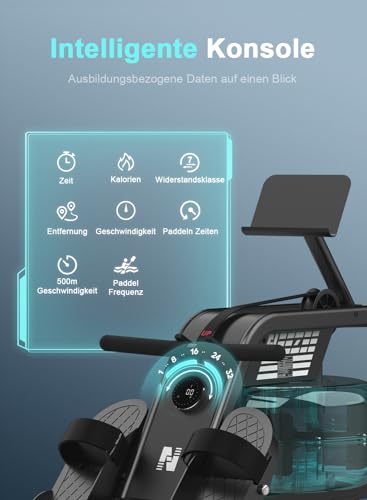 Neezee-Rudergeraet-fuer-zuhause-Rudergeraet-Wasser-mit-Professioneller-Bluetooth-Monitor-und-Tablet-Halterung-Max-150kg-Belastbar-Vertikale-Lagerung-Transportraeder-fuer-Einfache-Bewegung