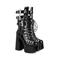 HXTYXCQ Women's High Chunky Heel Platform Long Boots Lace Up Mid-Calf Boots with Bat Wing Buckles Patent Leather Gothic Punk Boots with Zipper,Black2,4 UK