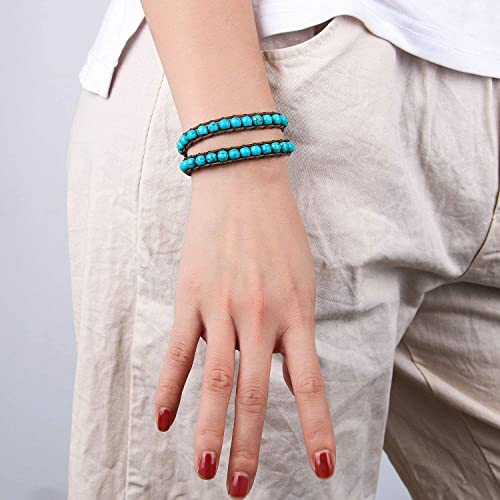 Kelitch 6Mm Turquoise Beads 2 Wrap Bracelets Natural Crystal Stone Beaded Bracelet Women Agate Leather Bracelets Bangles #TOP5