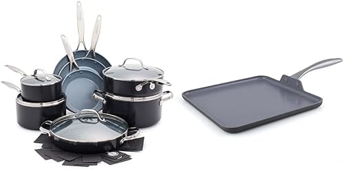 GreenPan Valencia Pro - Juego de ollas y sartenes de cerámica anodizada y saludable antiadherente de 16 piezas gris y lima anodizado duro de