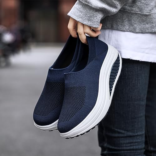 Image of Women's Knitted Platform Slip On Walking Sneakers,Comfort Lightweight Arch Support Non Slip Casual Mesh Breathable Workout Work Shoes
