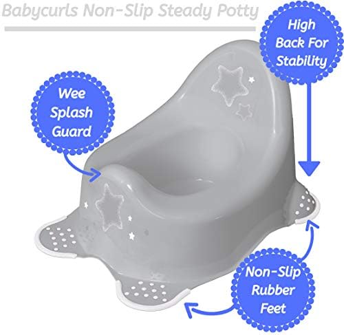 Babycurls Steady Potty with Non Slip Grip Feet Silver Stars - Easy to Clean Loo Training for Kids Toddlers Infants Practical Lightweight and Portable with High Back and Carry Handle (Grey)