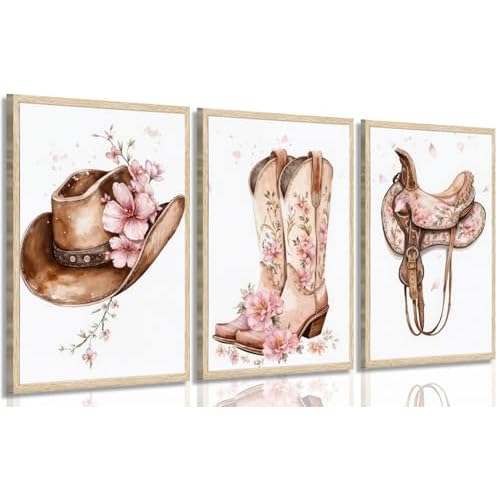 Tertiosh 3Pcs Western Cowgirl Wall Art Retro Western Flower Boots Hats Wall Decoration Pictures Girls Room Paintings Artwork Preppy Prints for Living Room Bedroom Dorm Decor 12x16in Poster