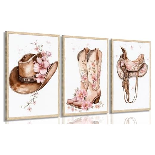 Tertiosh 3Pcs Western Cowgirl Wall Art Retro Western Flower Boots Hats Wall Decoration Pictures Girls Room Paintings Artwork Preppy Prints for Living Room Bedroom Dorm Decor 12x16in Poster