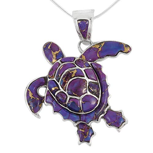 Turquoise Network Turtle Pendant Necklace in Sterling Silver 925 & Genuine Gemstones