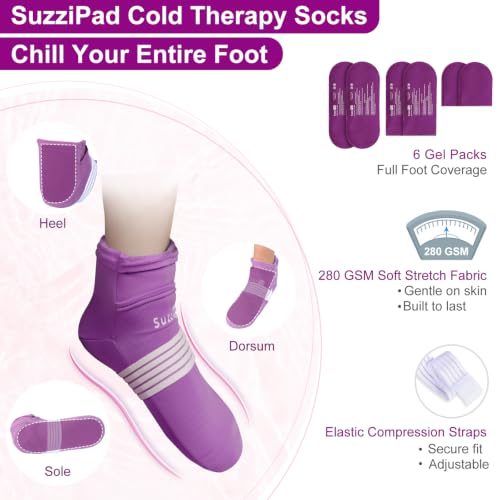 Image of SuzziPad Cold Socks & Hands Ice Pack for Chemo Must Haves, Purple, S /M | Removable Gel Packs, Adjustable Straps, Dual-Layer Gloves & Foot Ice Pack Wraps For Chemo, Arthritis & Neuropathy Relief