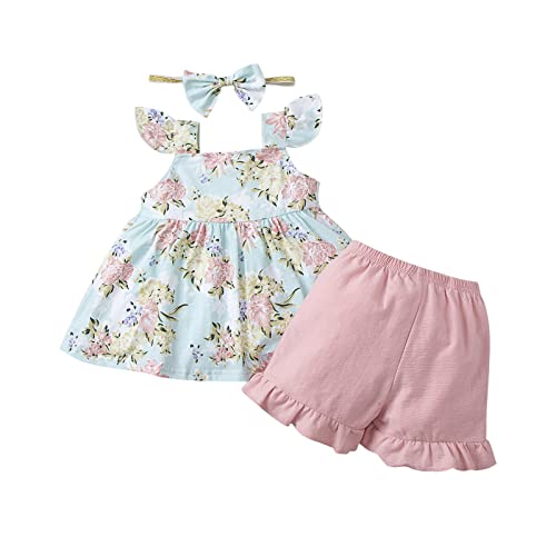 Conjunto de 3 peças de roupas para bebês recém-nascidos, meninas, estampas florais e shorts (azul cl
