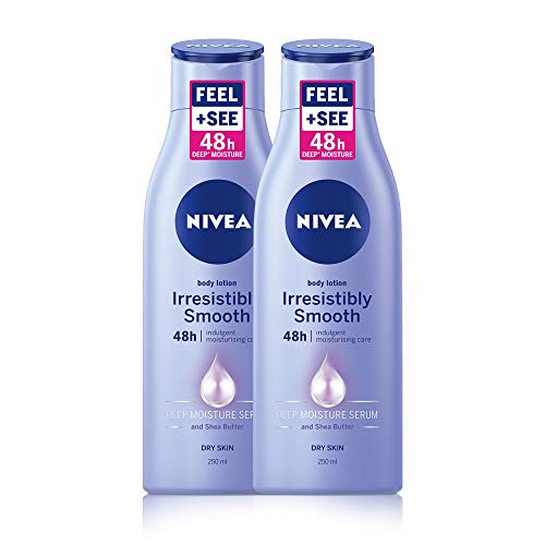 NIVEA Irresistibly Smooth Skin Lotion Pack of 2 (2 x 250ml), Moisturiser with Shea Butter, Intensive Moisturising Cream, Extra Rich Hydrating Body Lotion