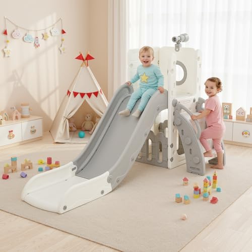 Toboggan Bebe, Toboggans Exterieur/Interieur Enfant, 4 en 1 Toboggan Autoportant, avec Télescope, Espace de Rangement, Escaliers, Glisse 136cm,Jusqu'à 60 kg,...