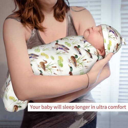Image of Lcokin Mallard Duck Baby Stuff Swaddle Blanket Hat Set, Newborn Receiving Blanket Shower Gift for Boys Girls