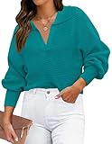 ZESICA Women's Fall Lapel Collar V Neck Long Sleeve Ribbed Knit Comfy Loose Casual Pullover Sweater Jumper Top,Peacock,Medium