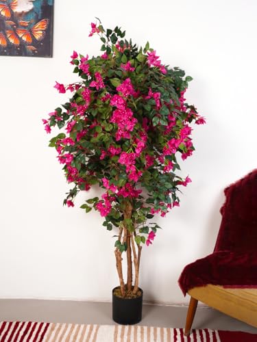 Image of Artificial Bougainvillea Flowers Plants with Pot for Interior Decor /Home Decor /Office Decor (6 Feet, Pink)