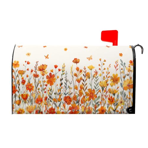 Watercolor Orange Flower Mailbox Covers Magnetic Standard Size 21x18 Inch Fall Autumn Orange Daisy Floral Post Cover Watercolor Wildflowers Letter Box Wrap for Home Garden Yard Outside