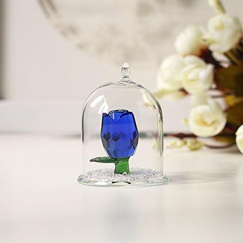 H&D HYALINE & DORA Crystal Rose Flower Figurine Dreams Ornament in a Glass Dome Gifts for her (Blue)