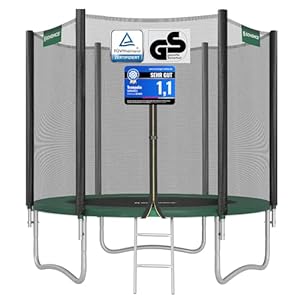 SONGMICS Trampolin für den Außenbereich, für Kinder, Durchmesser 244 cm, externes Schutznetz, Sicherheitskissen, Leiter, gerade Stange 180 cm hoch, Stahlrahmen, Schwarz und Grün STR081C01
