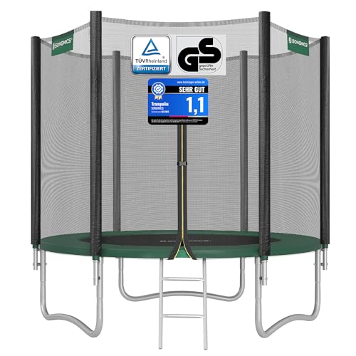 SONGMICS Trampolin für den Außenbereich, für Kinder, Durchmesser 244 cm, externes Schutznetz, Sicherheitskissen, Leiter, gerade Stange 180 cm hoch, Stahlrahmen, Schwarz und Grün STR081C01