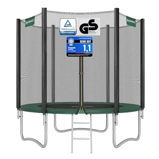 SONGMICS Trampolin für den Außenbereich, für Kinder, Durchmesser 244 cm, externes Schutznetz, Sicherheitskissen, Leiter, gerade Stange 180 cm hoch, Stahlrahmen, Schwarz und Grün STR081C01