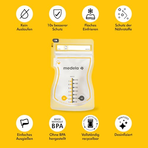 Medela Easy Pour Einweg-Muttermilchbeutel 210 ml – Auslaufsicheres Design mit Milchschutz – BPA-freie Aufbewahrungsbeutel – 50er Pack