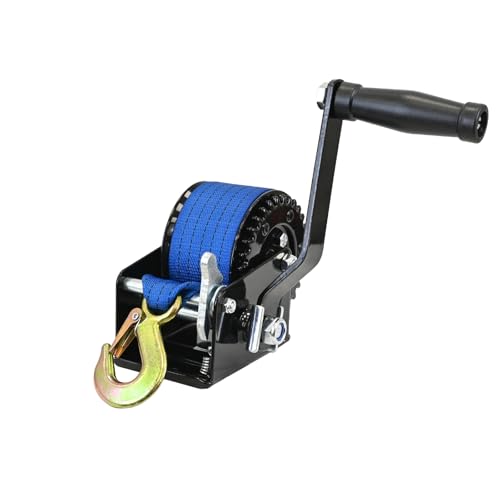 TRUTZHOLM Gurtwinde 360 kg / 800 lbs Polyestergurt Gurtlänge 8 m Gurtbreite 5 cm Lasthaken mit Sicherheitsbügel Sperrhebel 19 cm Handkurbel ergonomisch Bootswinde Handwinde Handseilwinde