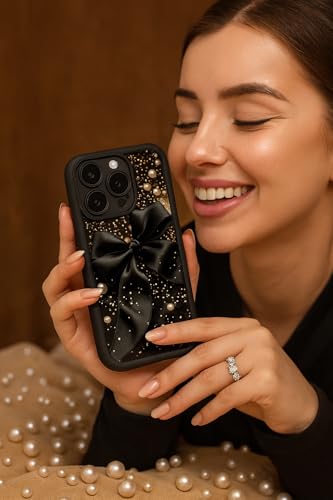 Image of COVERLY Black Bow Glitter Back Case for iPhone 12 Pro | 3D Minimalist Pearl Ribbon Cute Design | Camera Lens Protection | Soft TPU Silicone Aesthetic Print Cover for Girls & Women (Black, Shockproof)