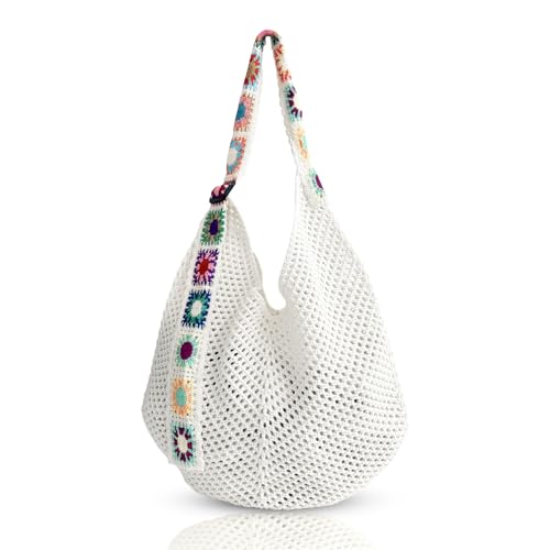 Crochet Hobo Bags for Women – Large Boho Crossbody Shoulder Tote, Knitted Crochet -Strap Purse, Lightweight Casual Hobo Bag for Daily, Travel & Shopping, White