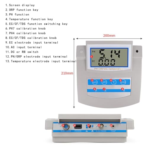 Tester di qualità dell'acqua 6 in 1 – PH ORP TDS EC CF Misurazione della temperatura con calibrazione manuale e schermo LED per acquario, laboratorio, pesca, fattoria