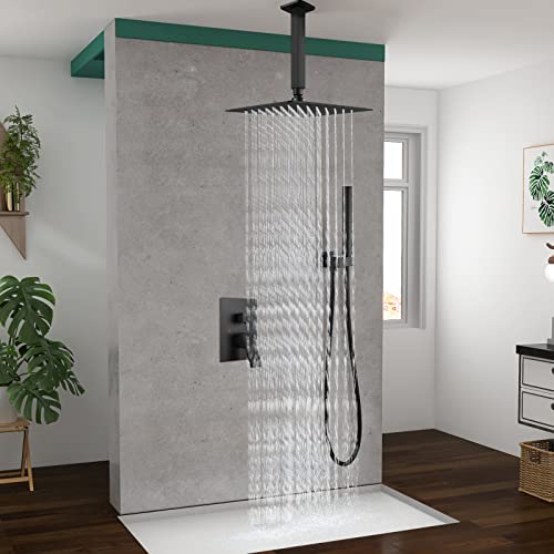 Heyalan Shower Faucet Set Matte Black 12 Inch Square Showerhead Bathroom Rainfall Ceiling Mount Shower System Sus304 Stainless Steel Shower Trim Kit 2 In 1 Handheld Shower With Rough-In Valve #TOP2