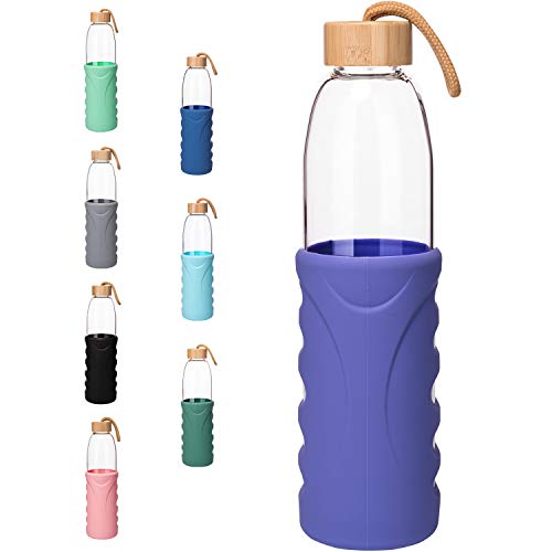 Life4u Botella de Agua de Cristal de Borosilicato de con Funda de Silicona Sin BPA 500 ml Violeta