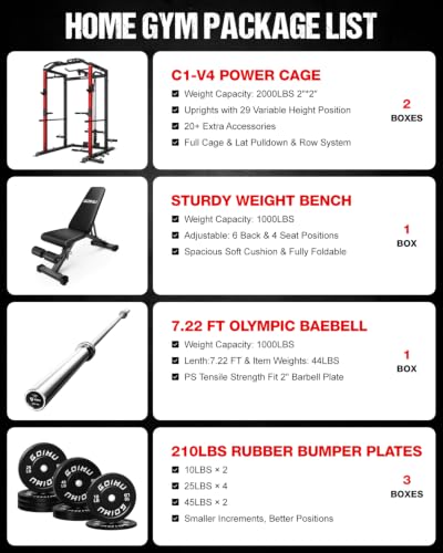 Image of C1-V4 Power Cage, 2000LBS Squat Rack with LAT Pulldown, Multi-Function Weight Cage Strength Training Machine, Workout Cage with More Attachments for Home Gym Garage