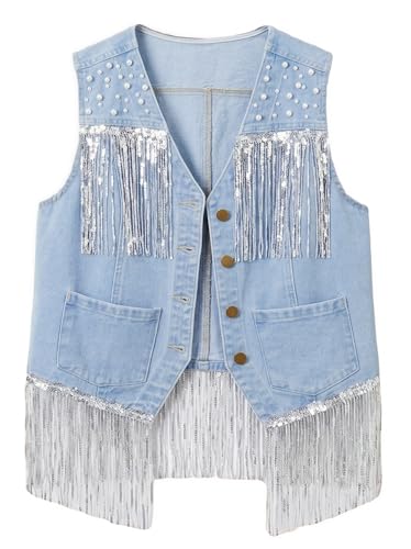 Ladyful Denim Fringe Vest Top Womens Cowgirl Western Outfits Jean Vest Pearl Sparkle Sequin Lightweight Summer Top