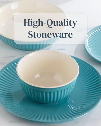Image of Stoneware Dinnerware Set for 4 People HYGGE 12-Piece - Elegant Scandi Design - Premium Dish Set - Bowl and Plate Set - Tableware for 4 People in a Ribbed Design - Pure Living in Green