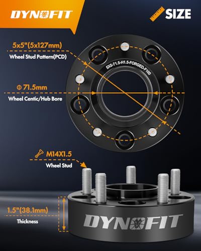 Image of dynofit 1.5 inch Wheel Spacers for Je /ep JL JT WK WL, 5x5(5x127) HubCentric 71.5mm Thread M14x1.5 for 2018-2026 Wrangle, 2011-2026 Grand Cherokee, 2019-2026 Gladiator, 4 Pcs Forged Aluminum Spacers