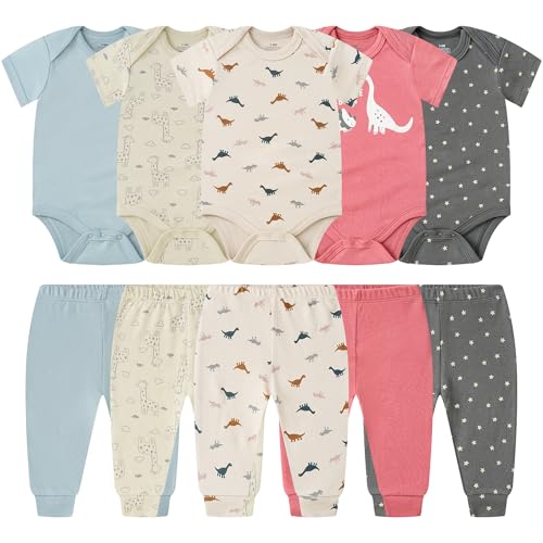 Baby Newborn Layette 10-Piece Set Cotton Bodysuits Short Sleeve Pants Sets Star Plane Printed for Baby Boys Girls Toddler Unisex Baby Gift Sets for 9 12 Months