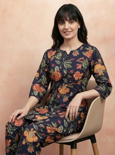 Image of Bee M Pee Designer Trendy Floral Printed Cotton Kurta Coord Sets for Women | Stylish Casual Tunic Kurti Set with Pant for Woman for Office