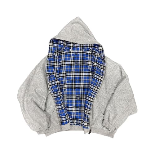 Sweat à Capuche à Glissière Réversible Patchwork Écossais pour Hommes et Femmes Années 2000 Rock Street Imprimé Lâche Pull Décontracté Sportif...